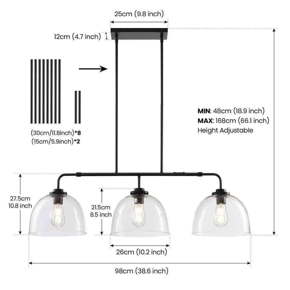 KAISITE 3-Light Black Shaded Pendant Light w/ Transparent Glass Shade