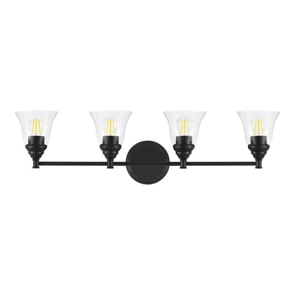 Hampton Bay 32.25 in. Marsden 4-Light Matte Black Vanity Light w/ Clear Glass