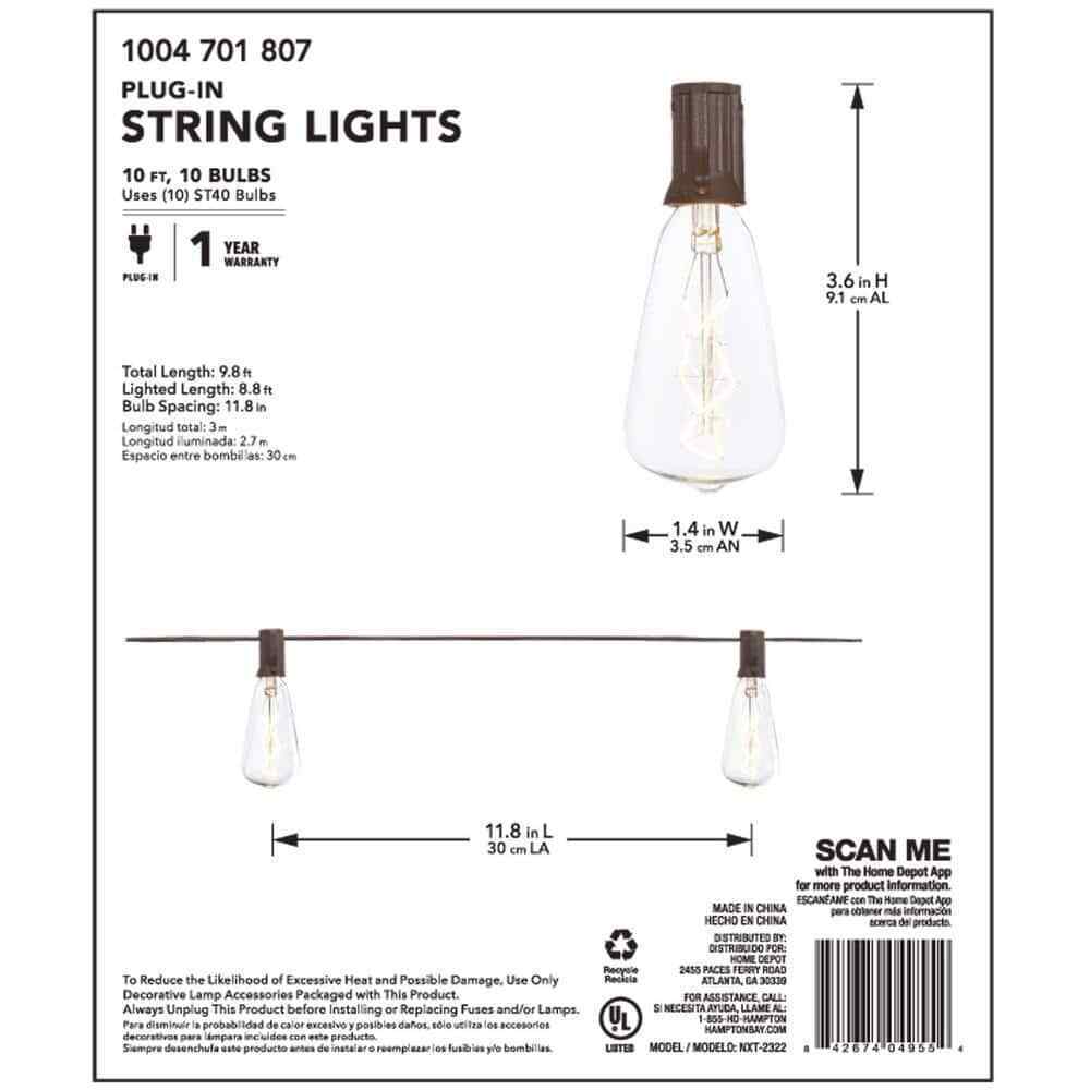 Hampton Bay 10 ft. Light Line Voltage Incandescent String Light (10-Heads)