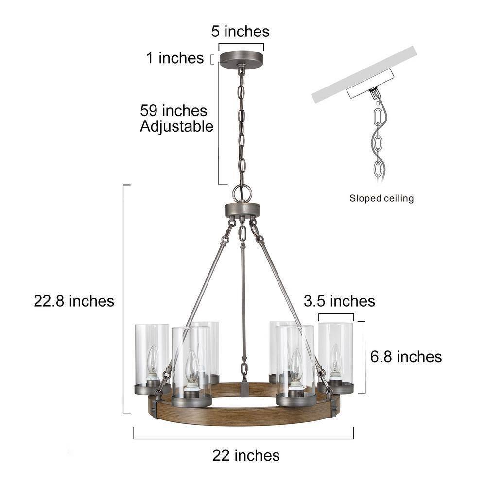 LNC Textured Brown Round Chandelier 6-Light Brushed Silver Wagon Wheel