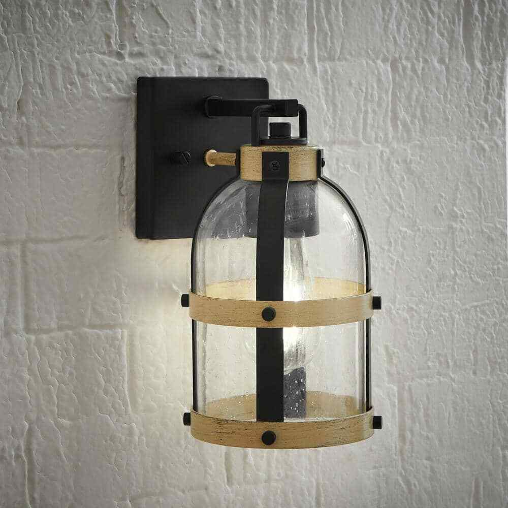Hampton Bay Vinwood 1-Light Matte Black and Faux Wood Hardwired Wall Sconce