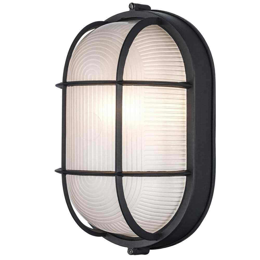 Bel Air Lighting Aria Black Oval Outdoor Wall Light Fixture w/ Ribbed Glass