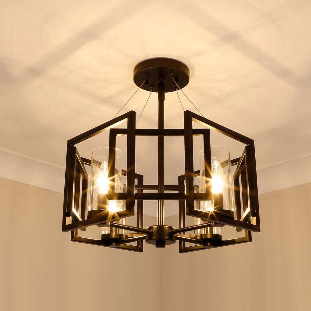 Golden Lighting Marco 16.0 in. 4-Light Matte Black Clear Glass Semi-Flush Mount