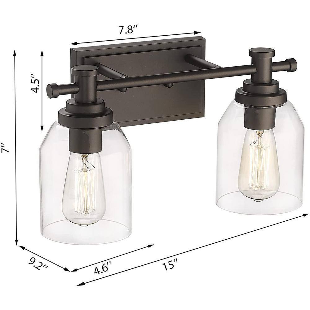 JAZAVA 15 in. 2-Light Oil Rubbed Bronze Vanity Light with Clear Glass Shade