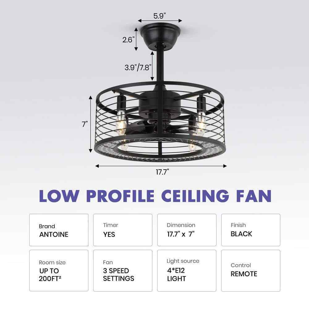 ANTOINE 17 in. Indoor Black Ceiling Fan Caged Ceiling Fan w/ Lights and Remote