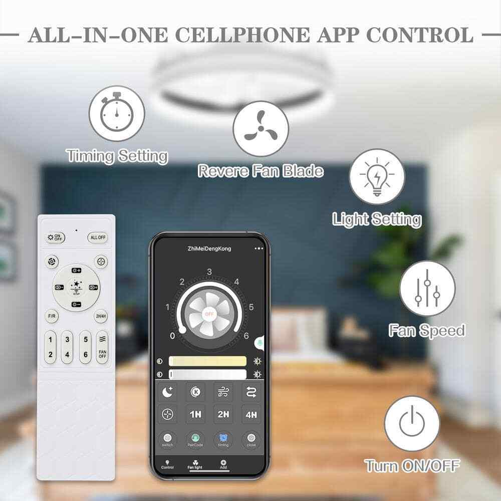 Bella Depot LED Indoor Flush Mount Black Ceiling Fan Dimmable Light Remote App