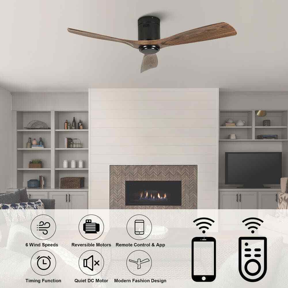 TOZING 52 in. Indoor Industrial Black Wood Windmill Flush Mount Ceiling Fan