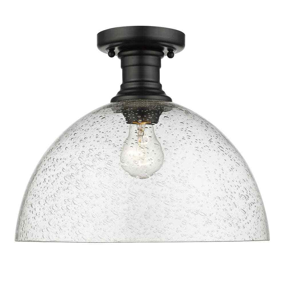 Golden Lighting Hines 14 in. 1-Light Black with Seeded Glass Semi-Flush Mount