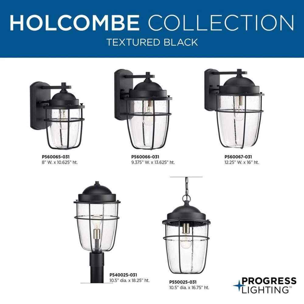 Progress Lighting Holcombe Textured Black Clear Seeded Glass Wall Lantern Light