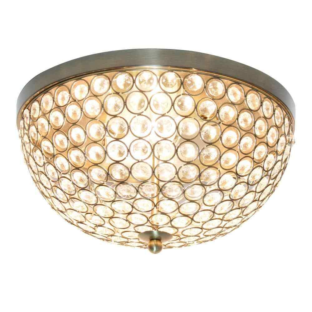 Elegant Designs Elipse 13 in. 2-Light Antique Brass and Crystal Flush Mount