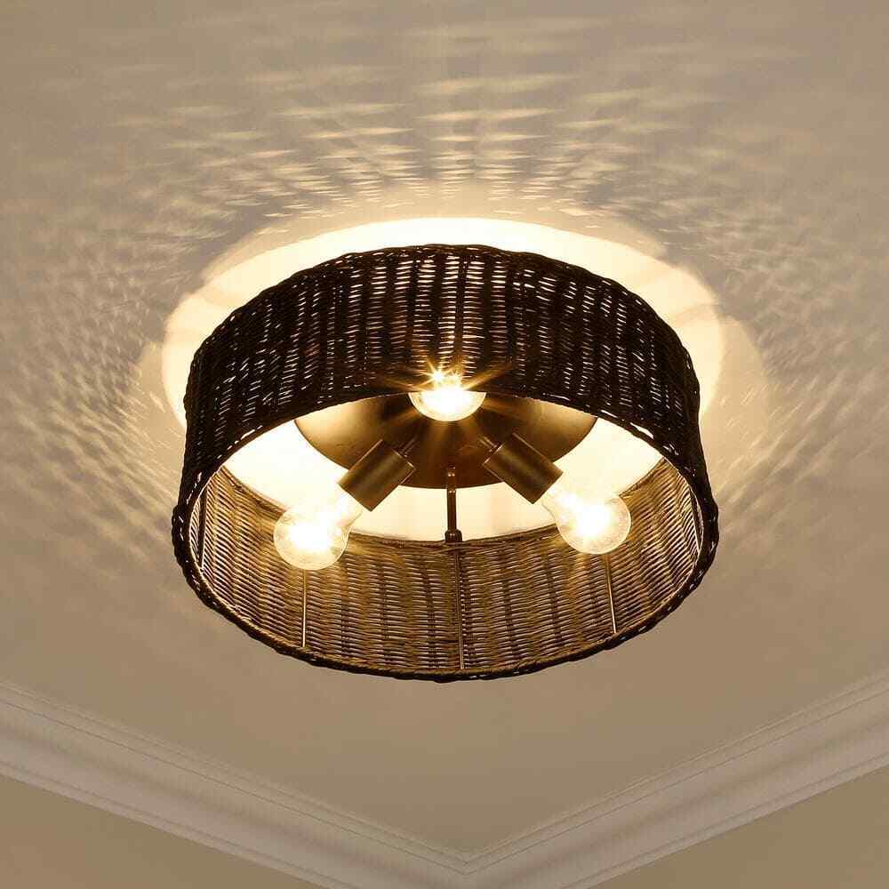 Golden Lighting Erma 3-Light Matte Black Wicker Flush Mount 1084-FM BLK-BW