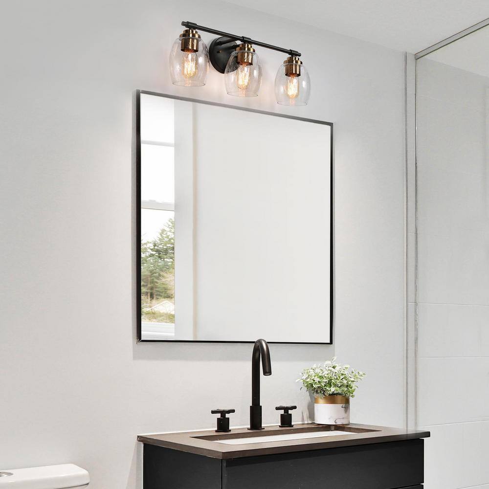 Uolfin Black Vanity Light 24.4 in. 3-Light Brass Gold Bell Vanity w/Seeded Glass