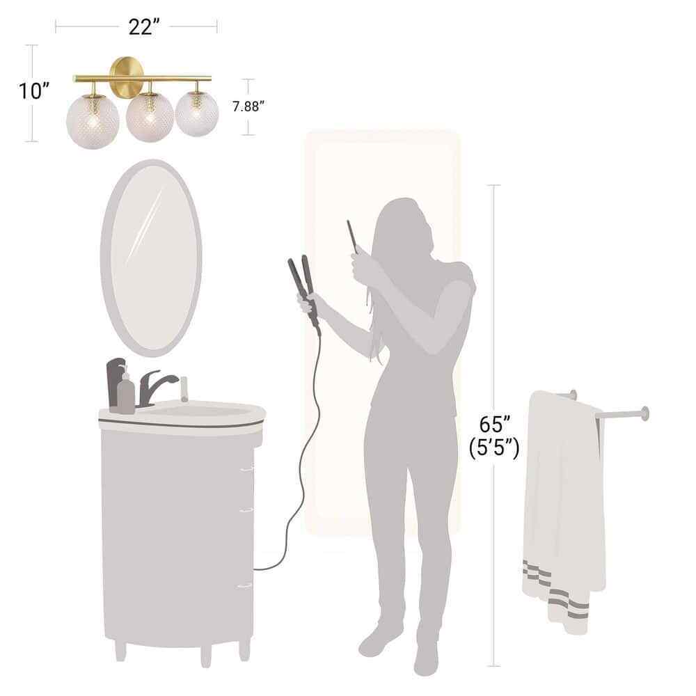 Hampton Bay Walsh 22 in. 3-Light Brass Vanity Light with Prismatic Glass Shades