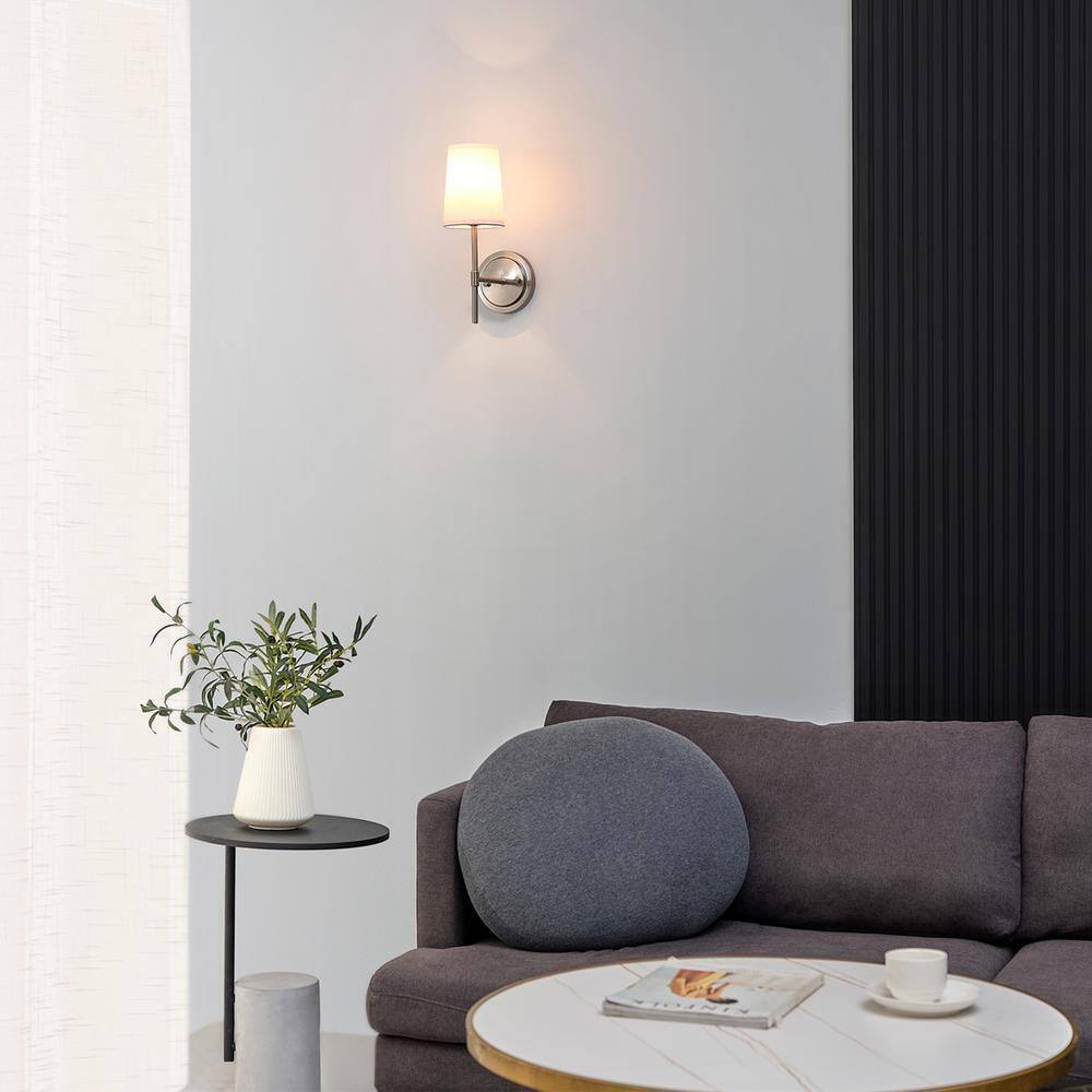 Globe Electric Clarissa 1-Light Brushed Nickel Wall Sconce w/ White Fabric Shade