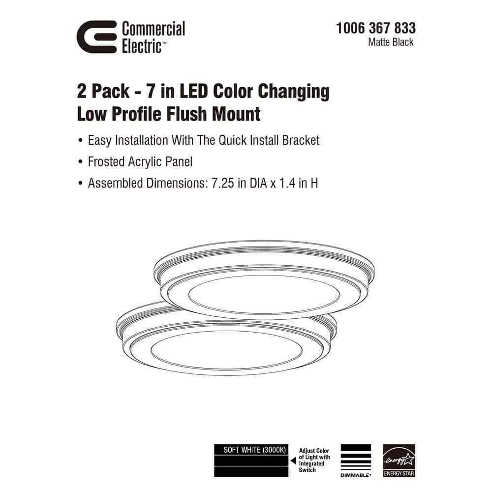 Commercial Electric 7 in. Matte Black 3-CCT LED Round Flush Ceiling Light 2-Pack