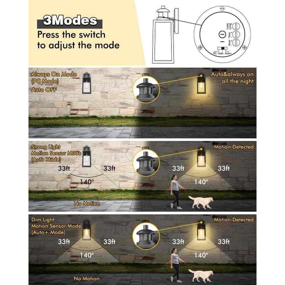 JAZAVA 1-Light Black Dusk to Dawn Motion Sensing Outdoor Lantern Light Sconce