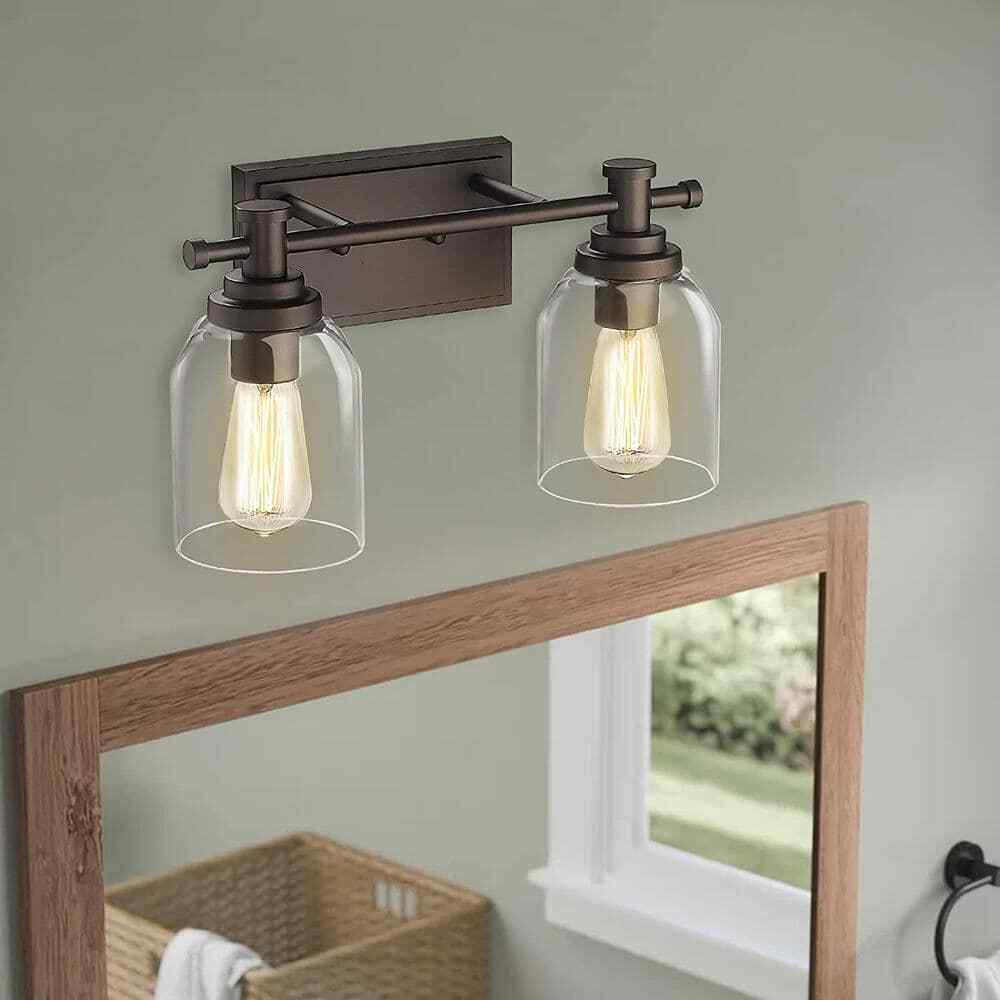 JAZAVA 15 in. 2-Light Oil Rubbed Bronze Vanity Light with Clear Glass Shade