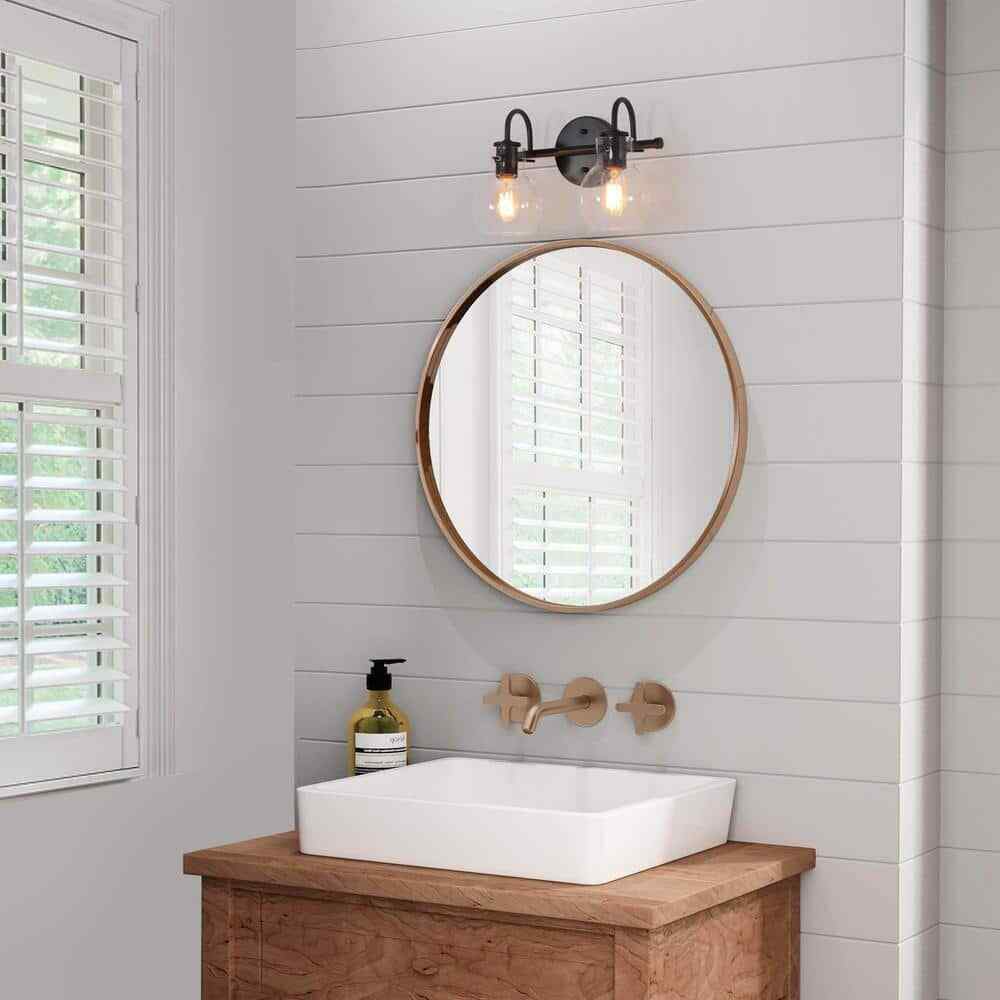 LNC 13 in. 2-Light Modern Black Arched Mirror Vanity Light w/ Globe Glass Shades