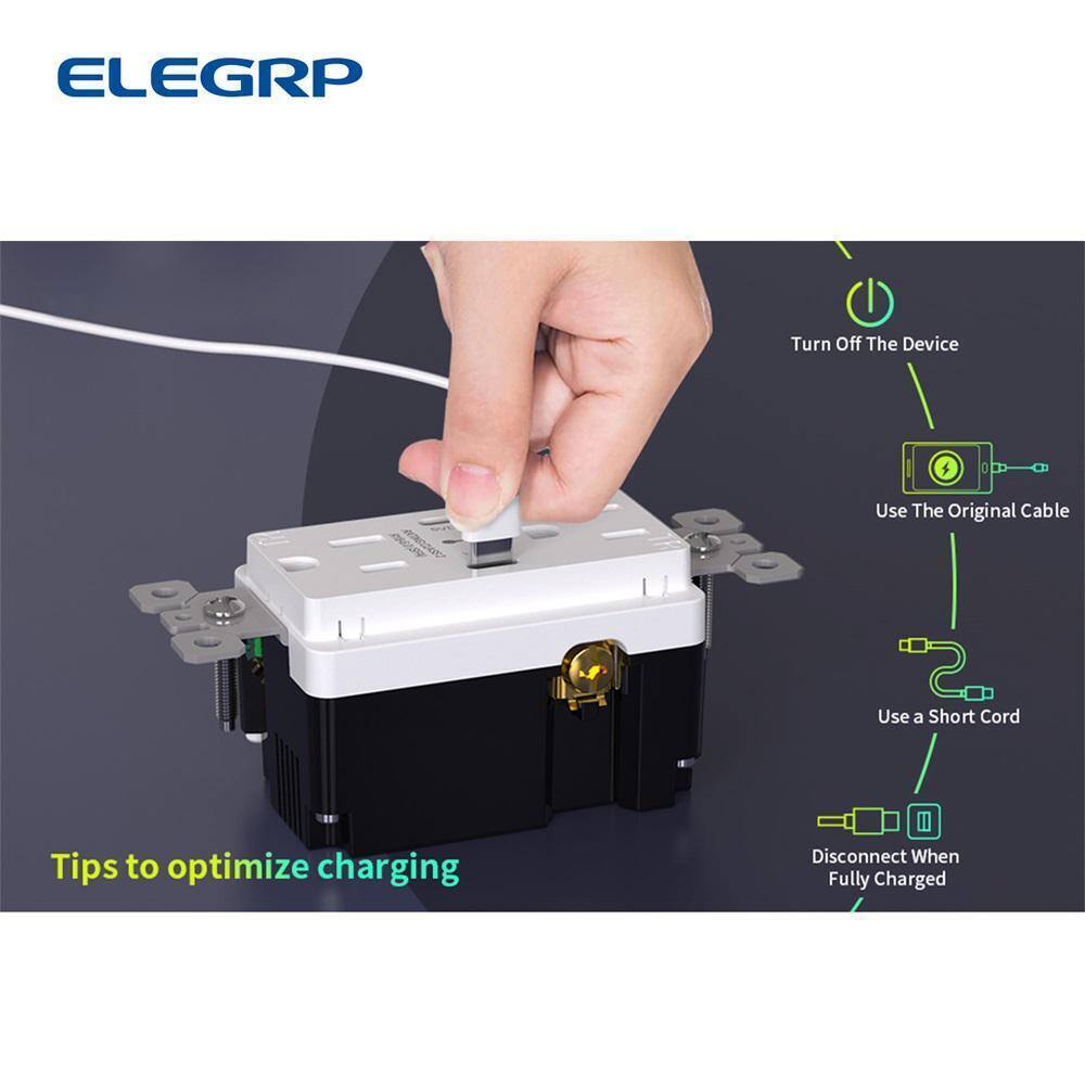 ELEGRP 15 Amp 30-Watt Dual Type C USB Wall Charger w/ Duplex Outlet