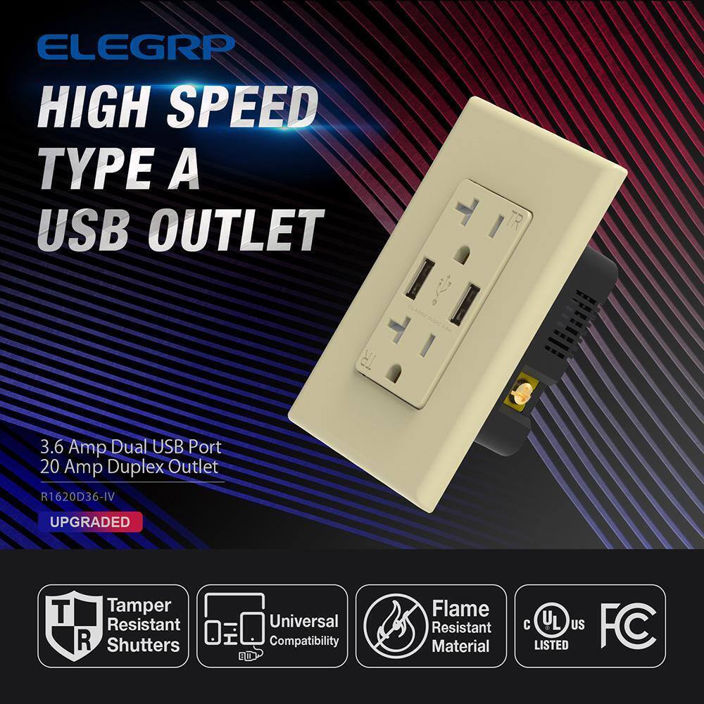 ELEGRP 3.6 Amp USB Dual Type A In-Wall Charger w/ 20 Amp Duplex Ivory 2-Pack