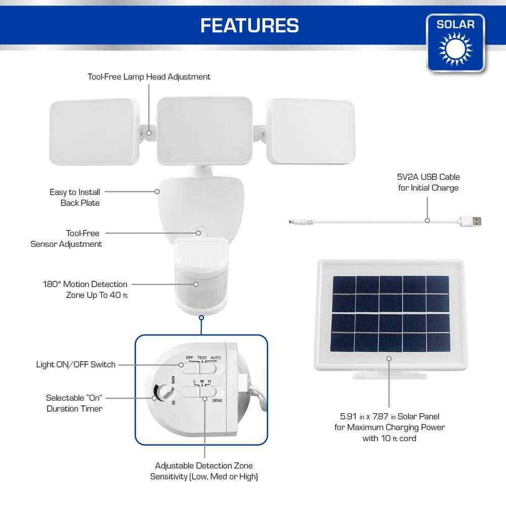 Defiant 180-Degree White Motion Activated Solar LED Security Flood Light