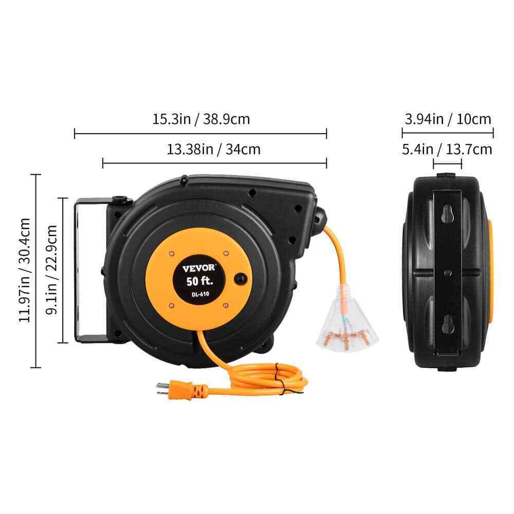 VEVOR 50 ft. 13 Amp Extension Cord Reel w/ Lighted Triple Outlet Circuit Breaker