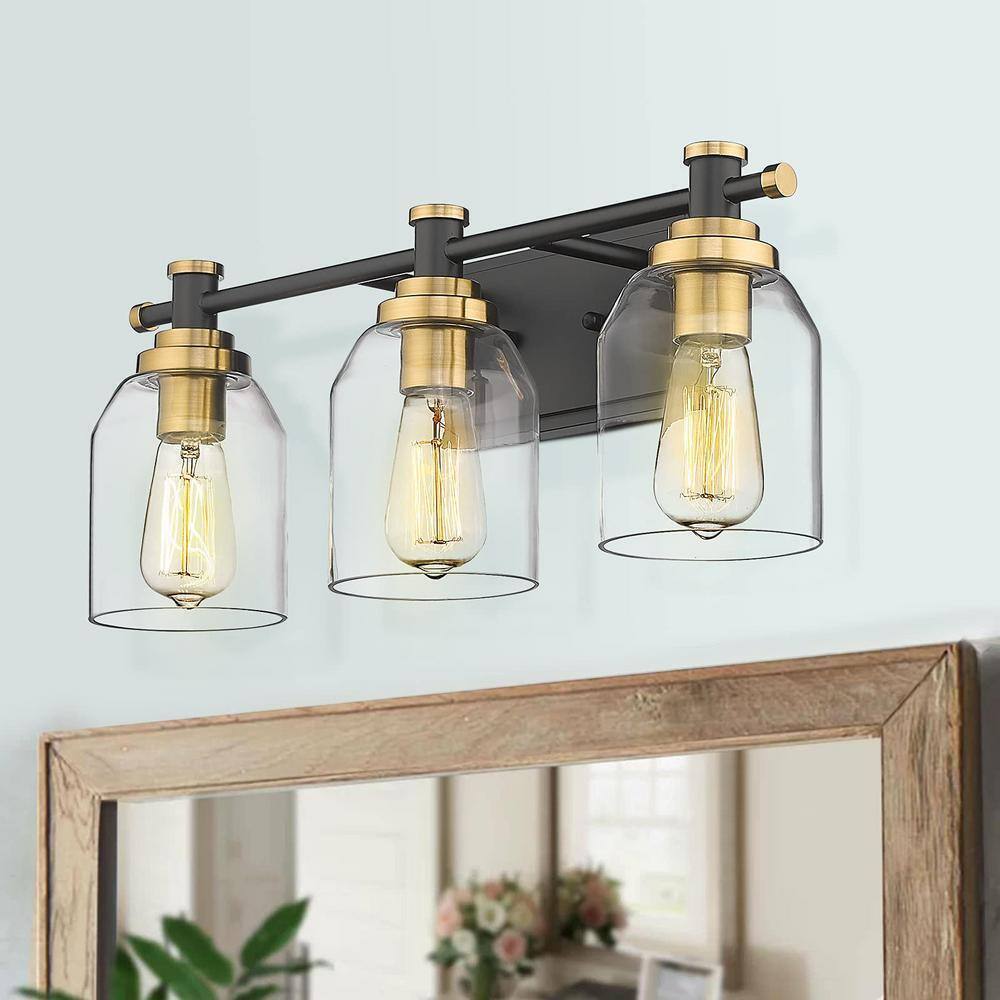 JAZAVA 21.3 in. 3 Light Black and Gold Indoor Vanity Light Wall Sconce Light