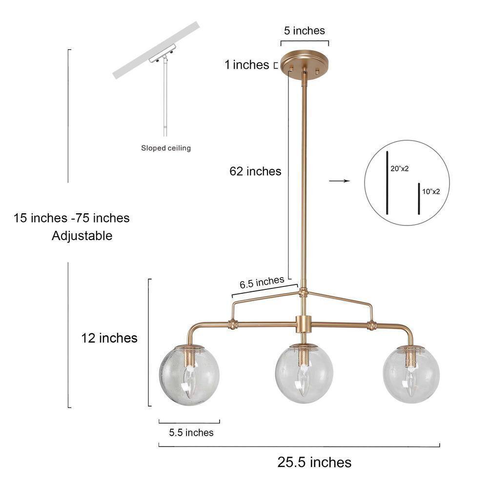 Uolfin Gold Globe Island Chandelier Naomi 25.5 in. 3-Light Linear Dining Pendant