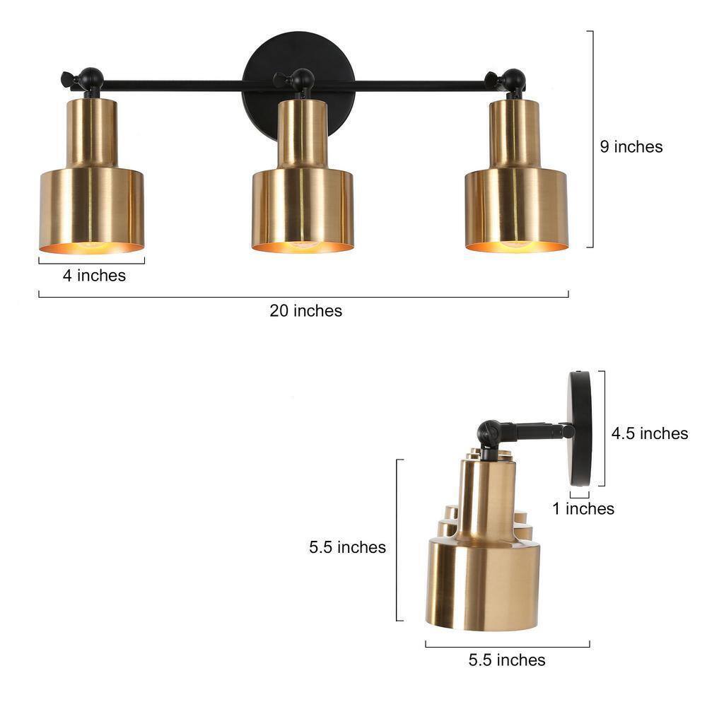 Uolfin Modern Brass Bathroom Vanity Light 20 in. 3-Light Black Gold Powder Room
