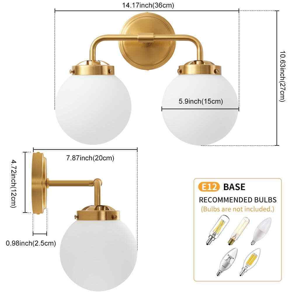 Deyidn 2-Light Gold Bathroom Bathroom Vanity Light w/ Opal Glass Shades
