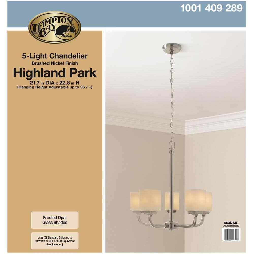 Hampton Bay 5-Light Brushed Nickel Chandelier with Frosted Glass Shades