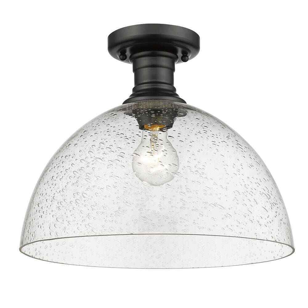 Golden Lighting Hines 14 in. 1-Light Black with Seeded Glass Semi-Flush Mount