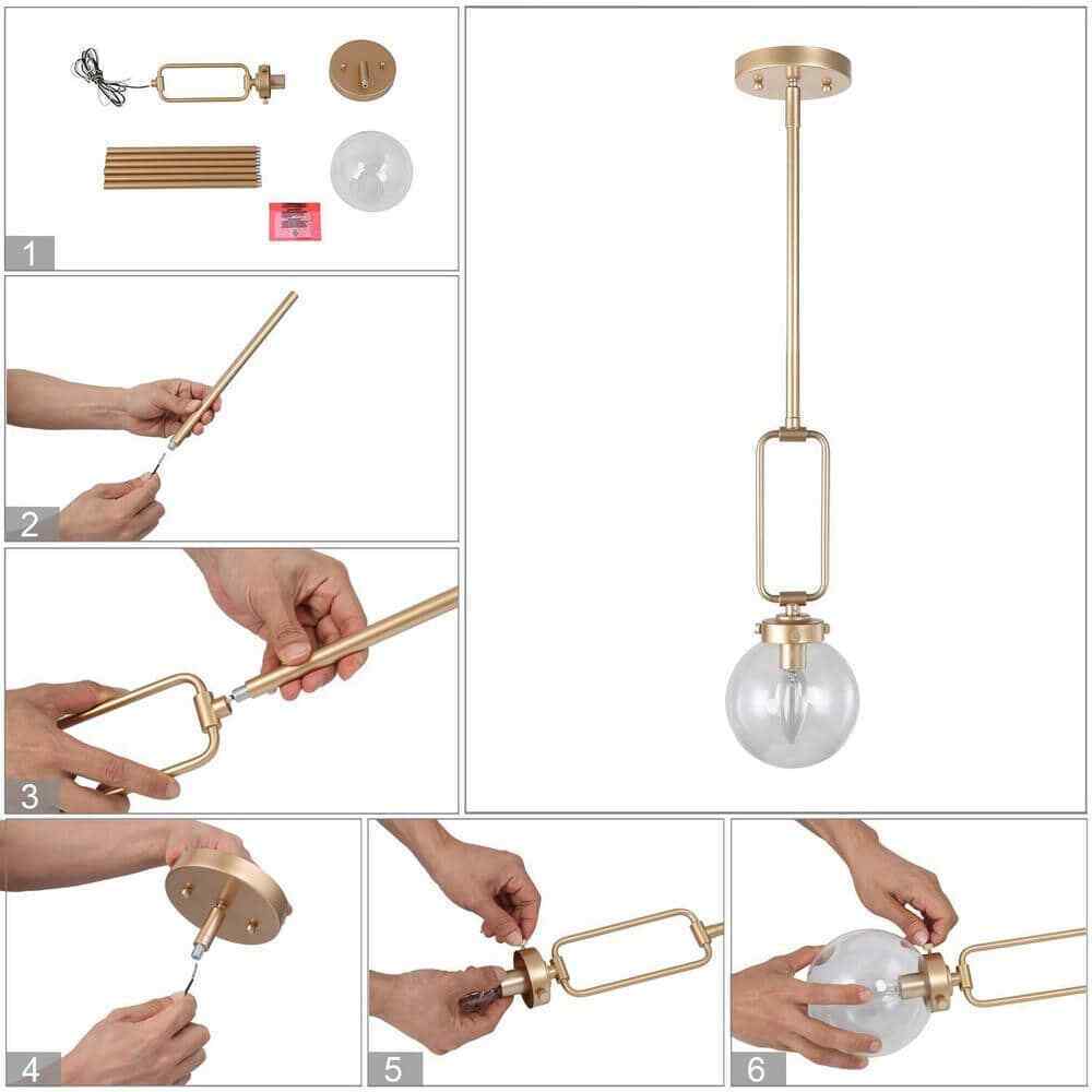 Uolfin Modern Globe Pendant Light Brass Gold Round Chandelier Clear Glass Shade