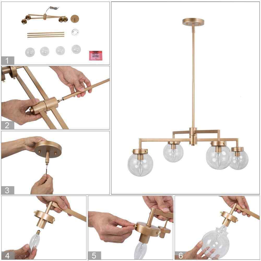 Uolfin Modern Gold Sputnik 4-Light Farmhouse Linear Globe Dining Room Chandelier