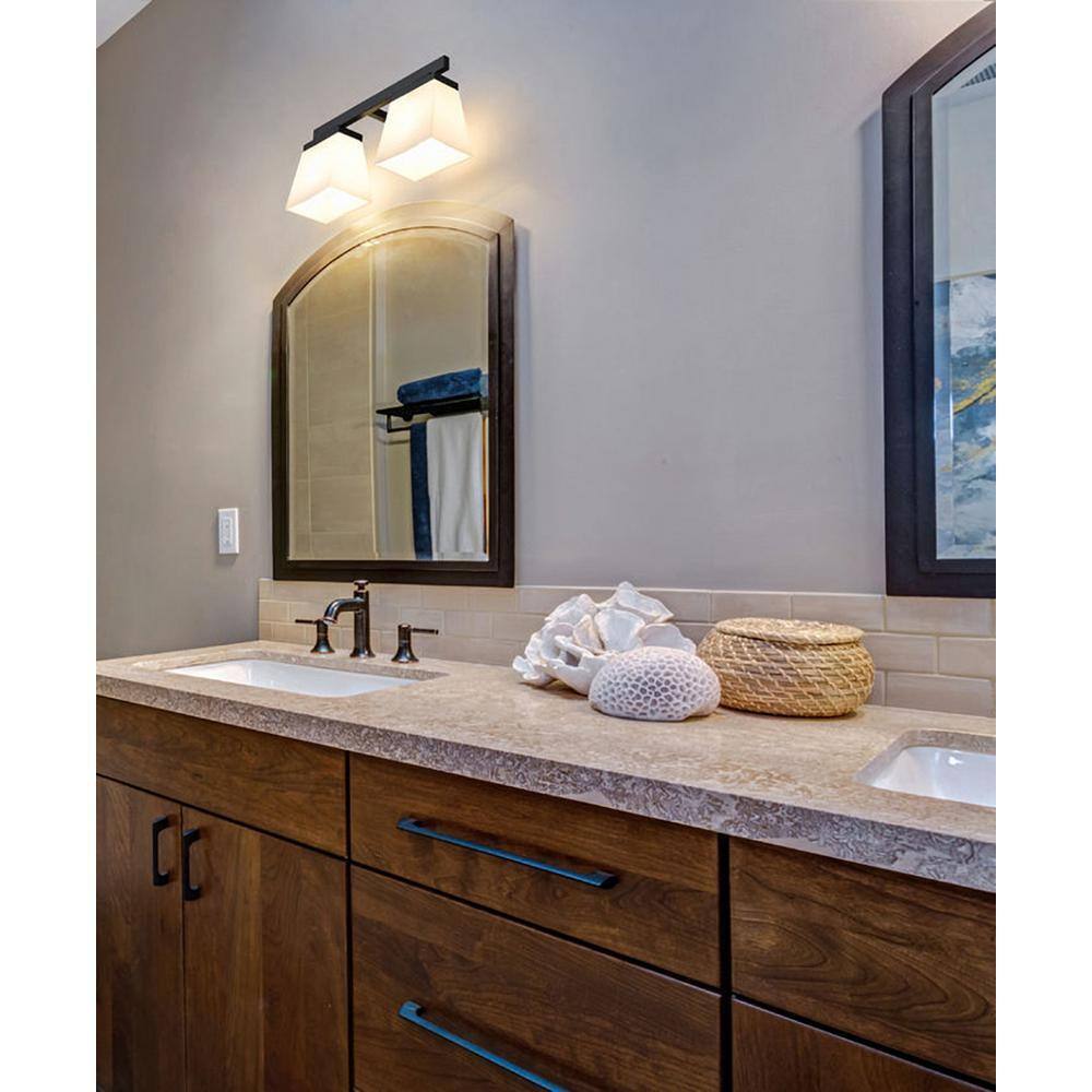 Astor 16 in. 2-Light Matte Black Vanity Light Etched Opal Glass Shades