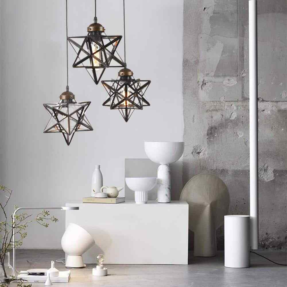 OUKANING 12 in. Brown Antique Moravian Star Pendant Light w/ Metal Glass Shade