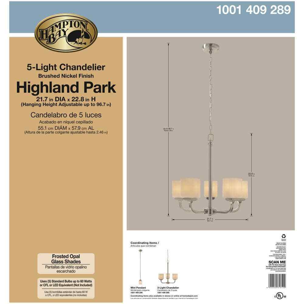 Hampton Bay 5-Light Brushed Nickel Chandelier with Frosted Glass Shades
