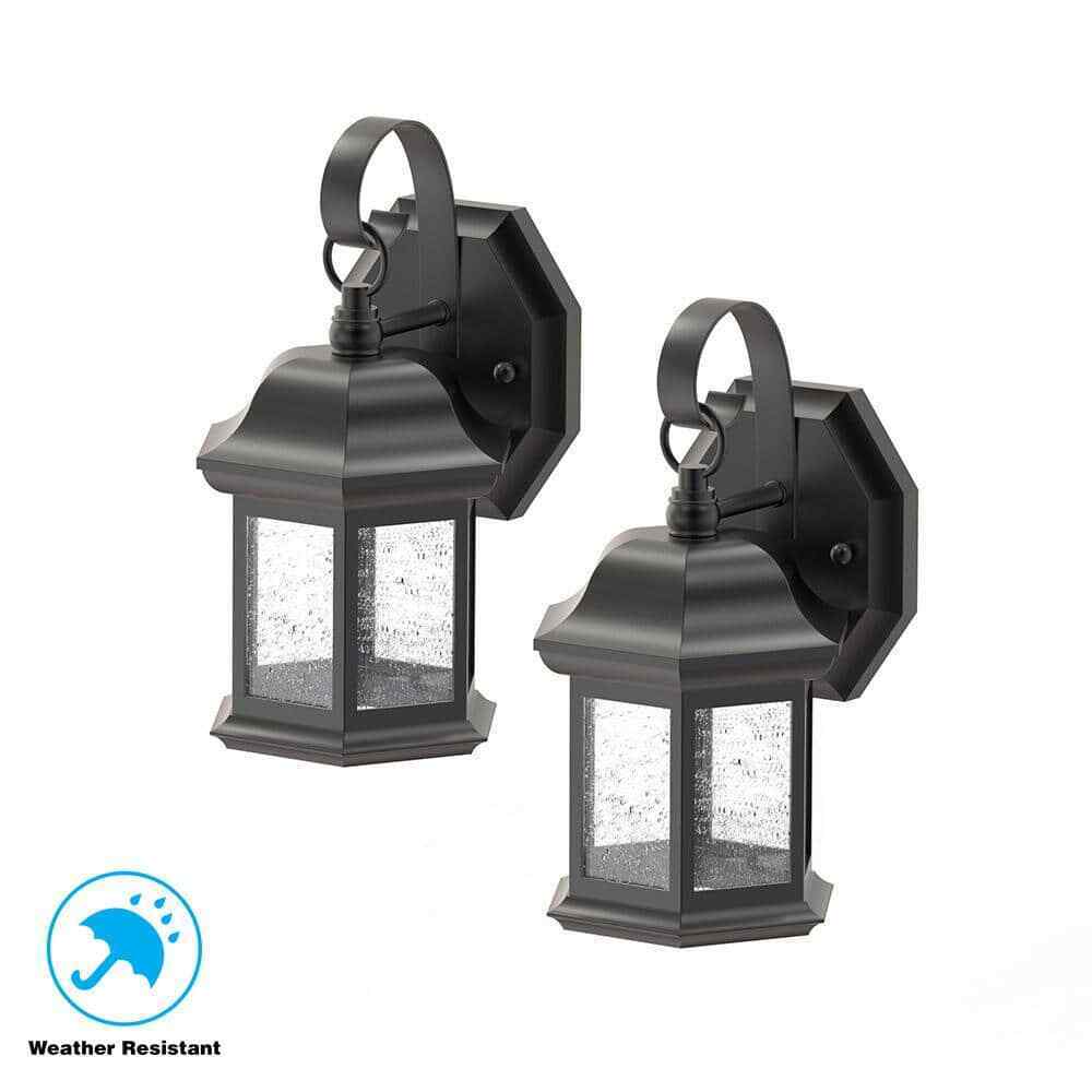 Hampton Bay 1-Light Black Outdoor Wall Light Fixture with Seeded Glass 2-Pack