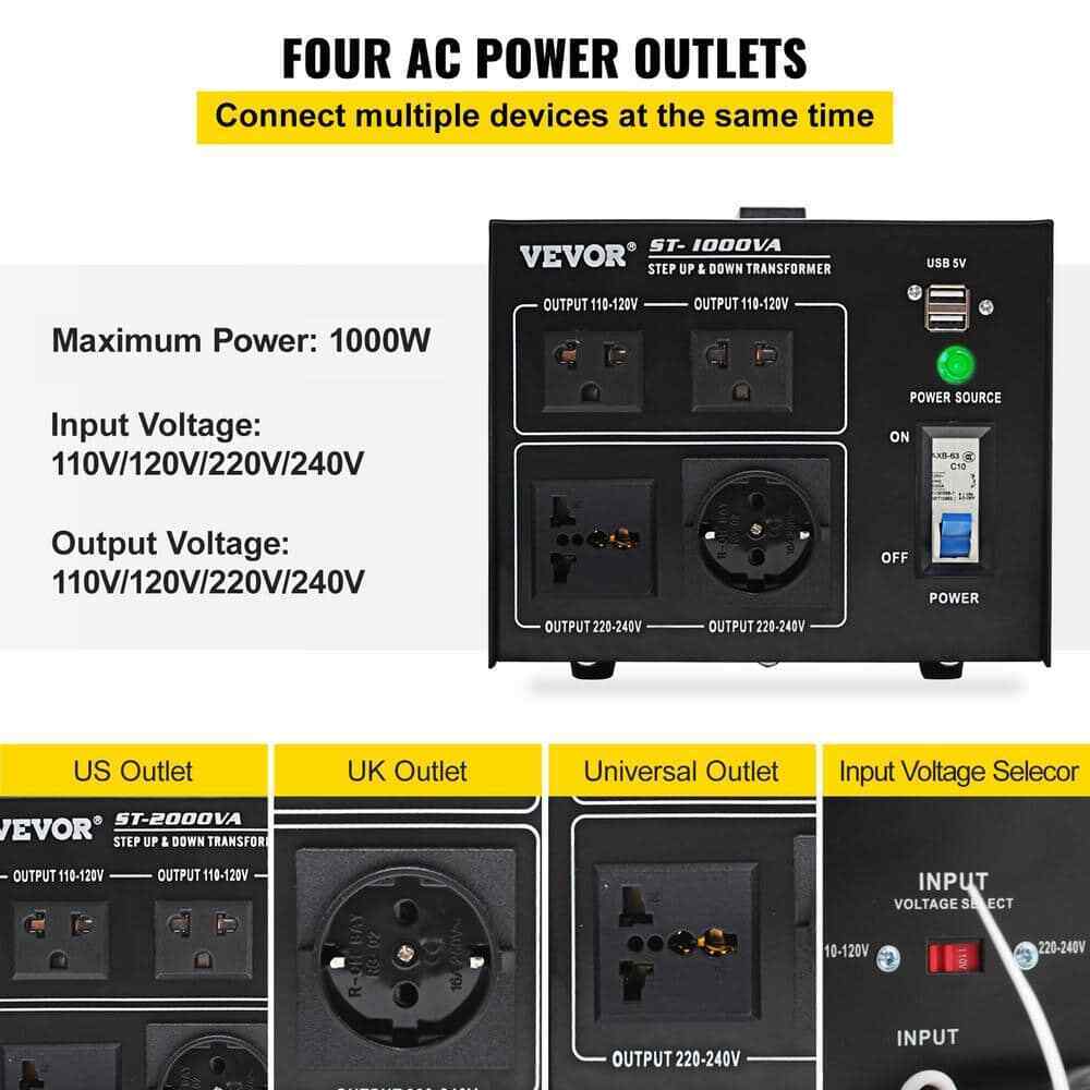 VEVOR Voltage Converter 1000-Watt 110-Volt/240-Volt US/EU Outlet USB Port