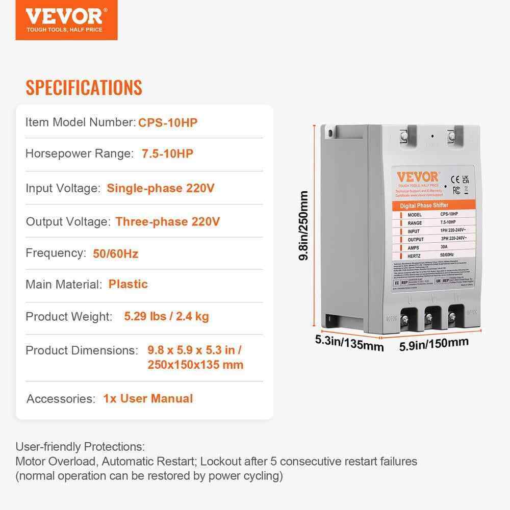 VEVOR 3 Phase Converter 10HP 30 Amp 220-Volt 1 Phase to 3 Phase Shifter