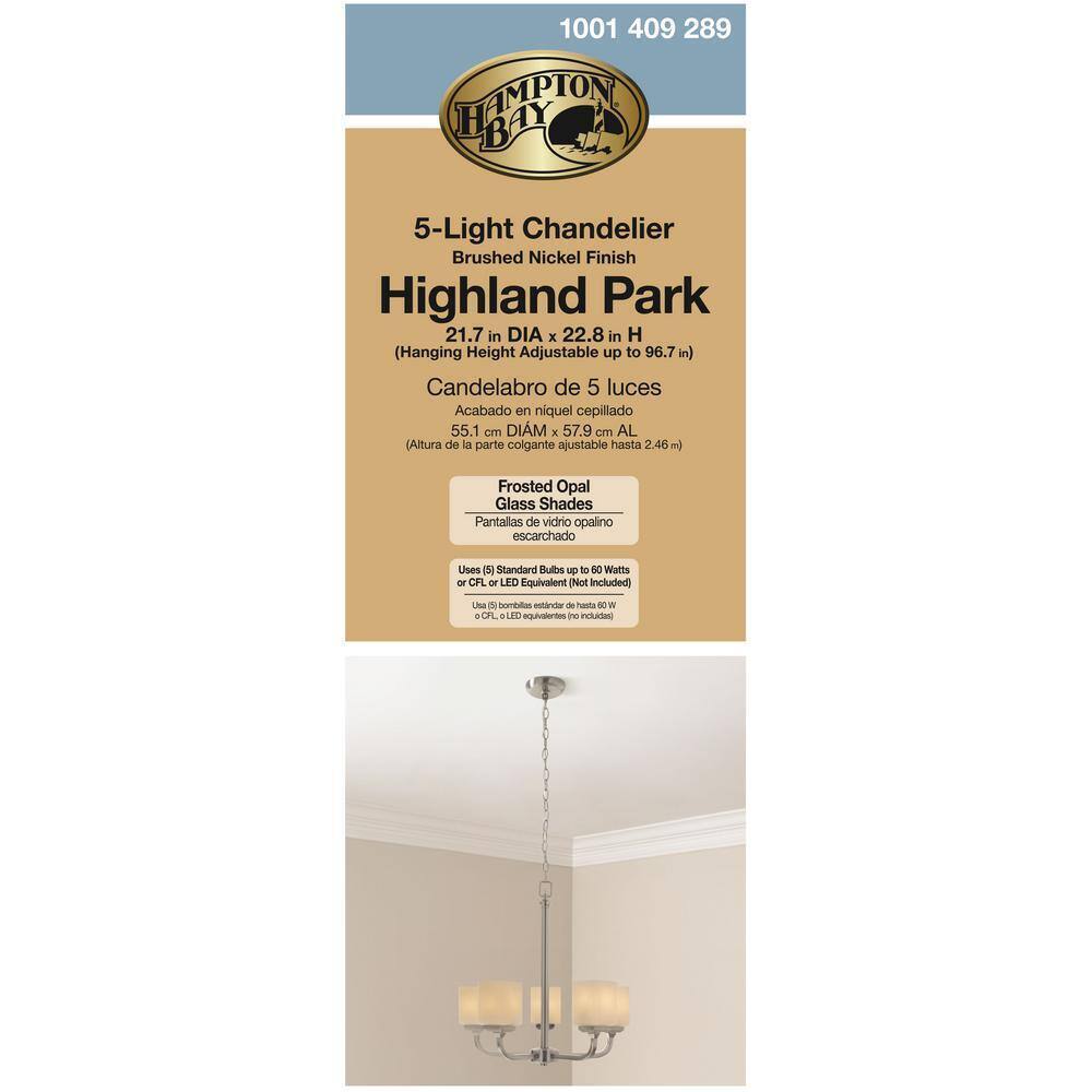 Hampton Bay 5-Light Brushed Nickel Chandelier with Frosted Glass Shades