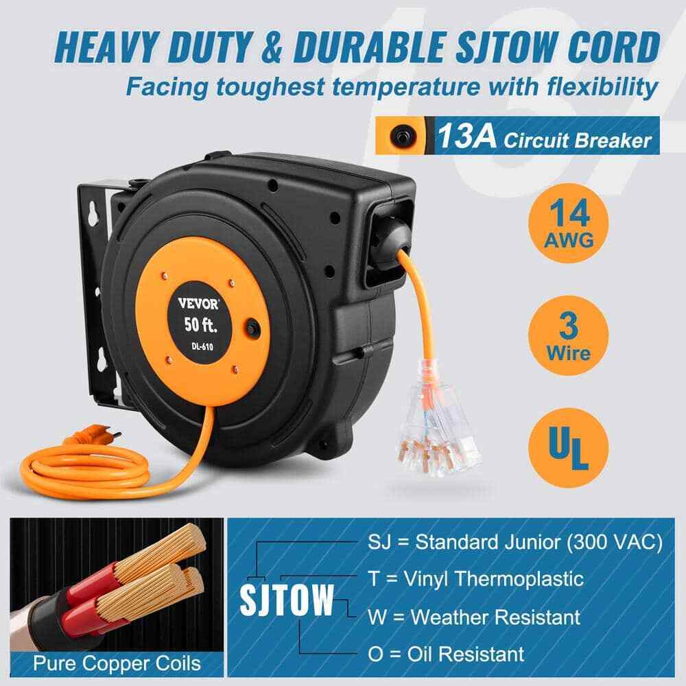 VEVOR 50 ft. 13 Amp Extension Cord Reel w/ Lighted Triple Outlet Circuit Breaker