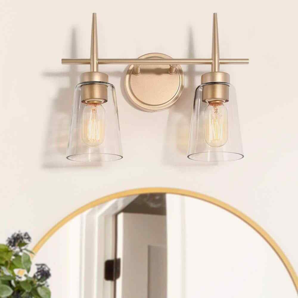 Uolfin Gold Bell 2-Light Modern Powder Room Vanity Light with Clear Glass Shades