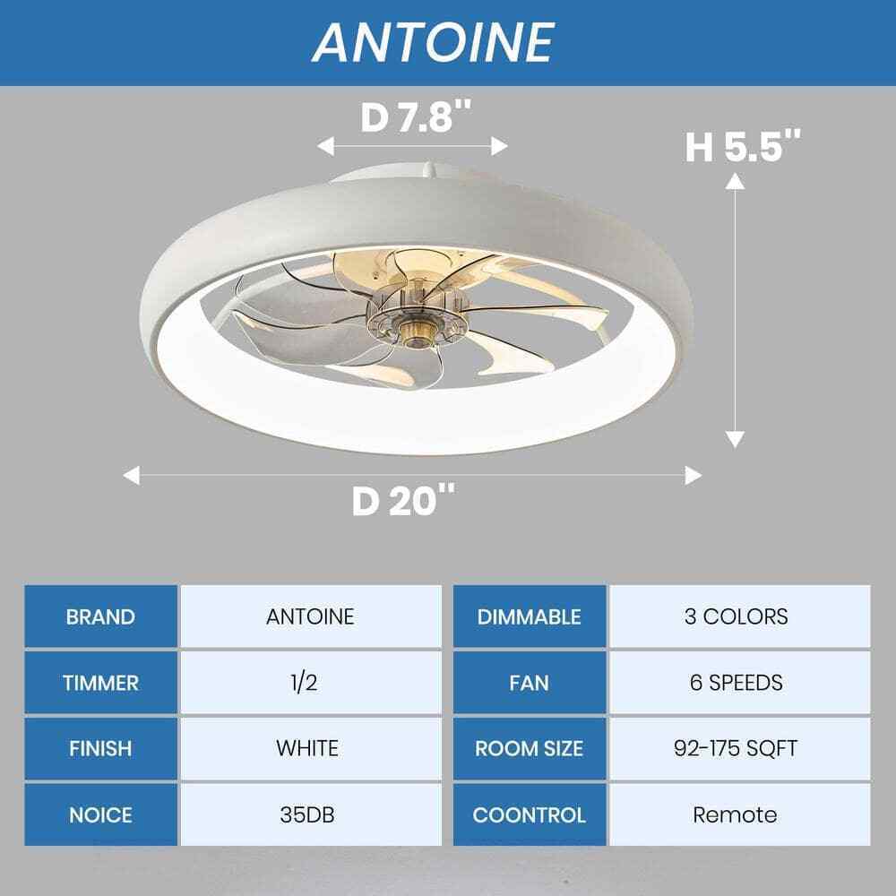 ANTOINE 20 in. LED Indoor White Bladeless App Control Low Profile Ceiling Fan