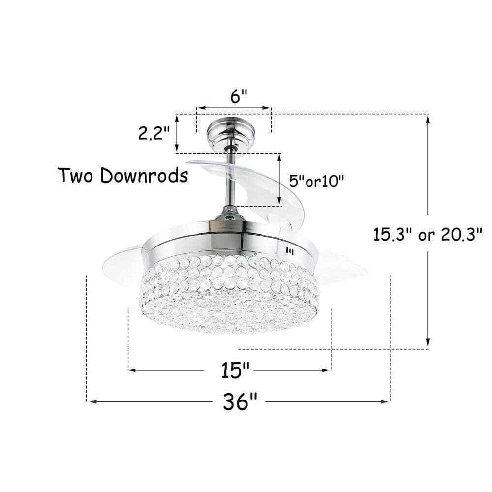 Bella Depot 36 in. LED Indoor Chrome Retractable Crystal Ceiling Fan