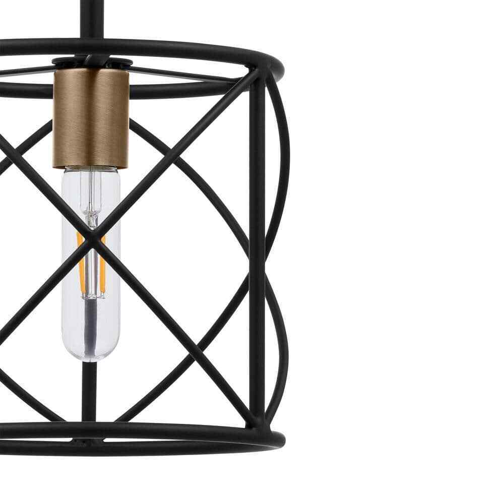Hampton Bay Hastings Light Matte Black and Old Satin Brass Pendant w/ Cage Shade