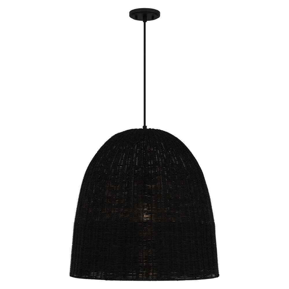 Hampton Bay Highler 1-Light Matte Black Pendant with Matte Black Rattan Shade