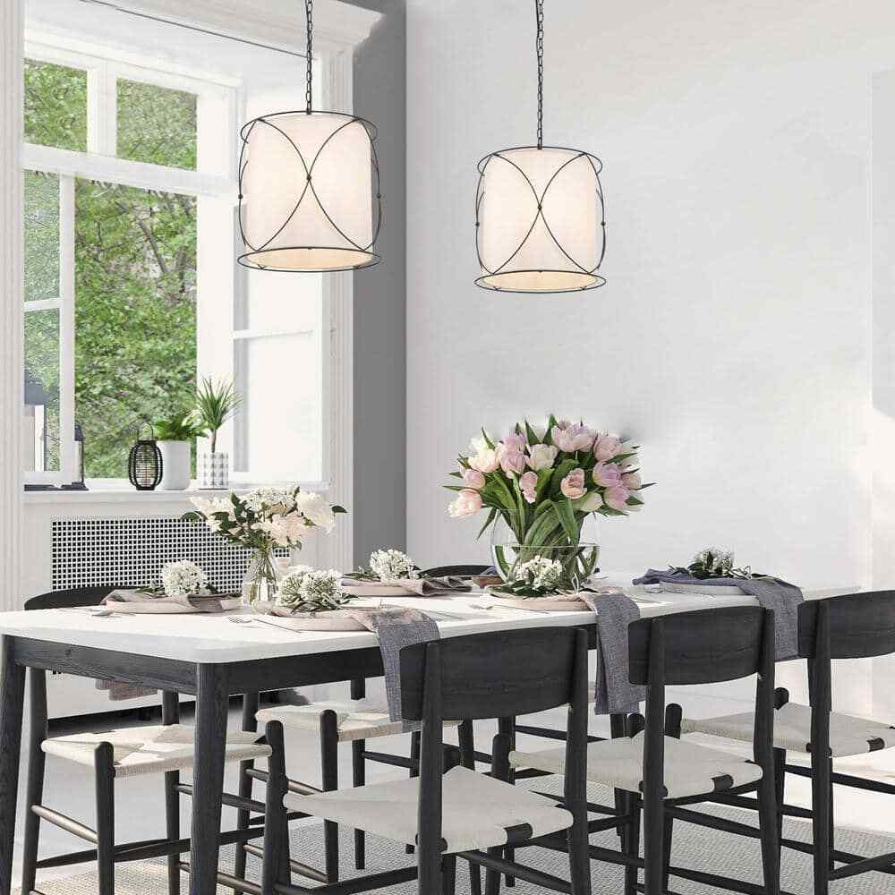 Uolfin Modern Drum Island Chandelier Pendant Cage Light w/ Fabric Shade