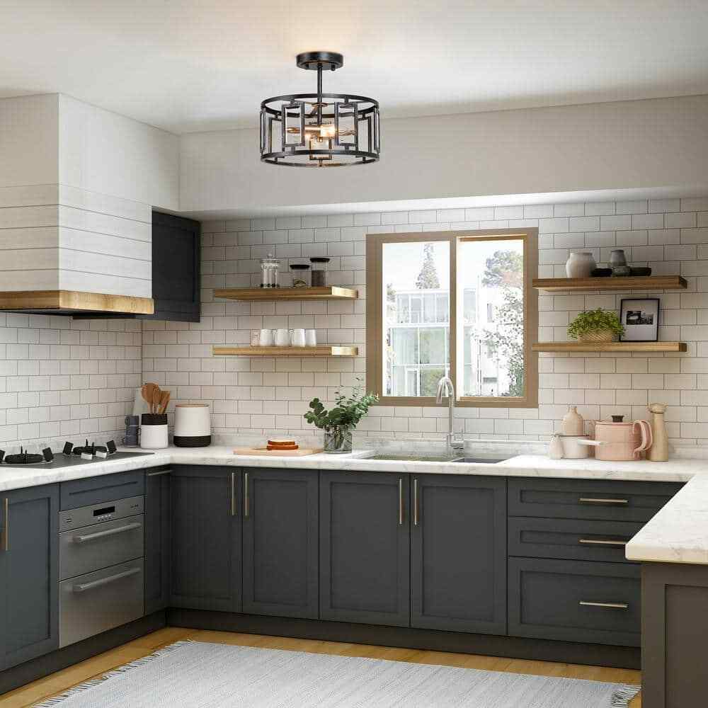 Uolfin Brushed Black 12 in. 2-Light Rustic Cage Semi-Flush Mount Ceiling Light
