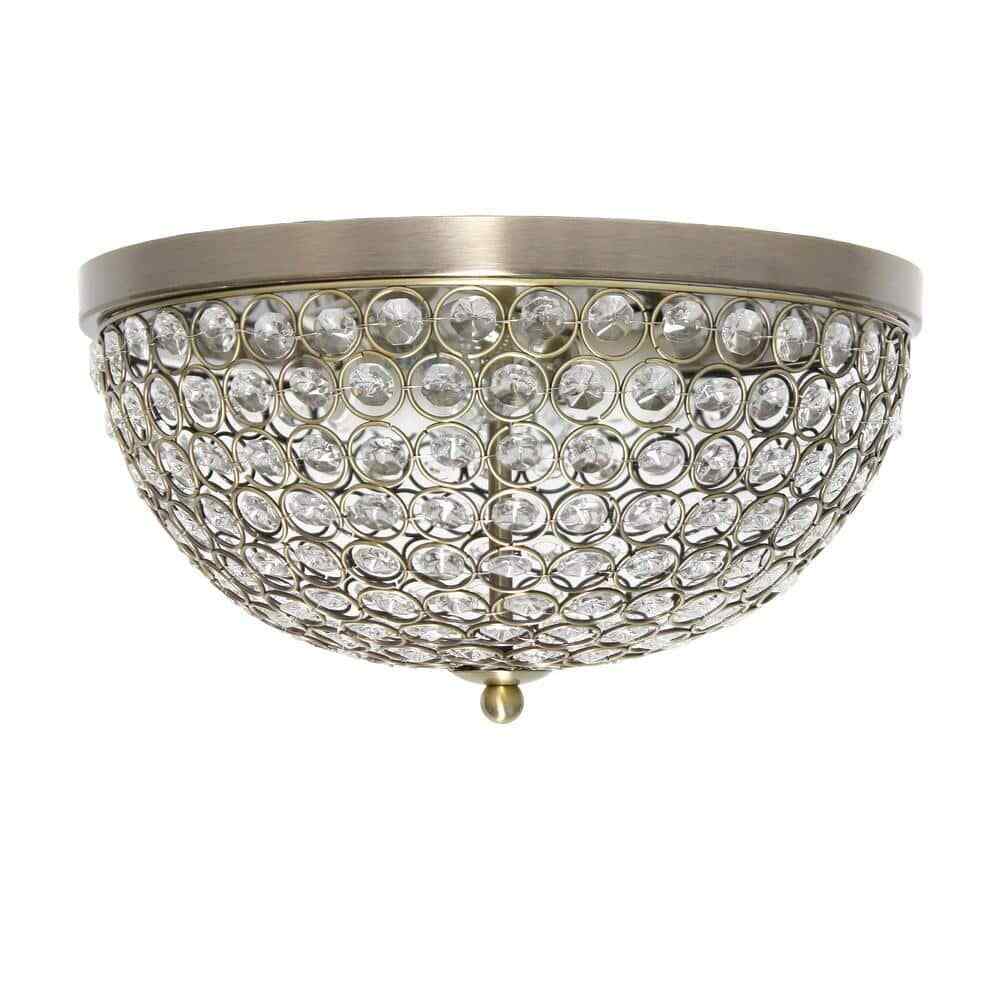 Elegant Designs Elipse 13 in. 2-Light Antique Brass and Crystal Flush Mount